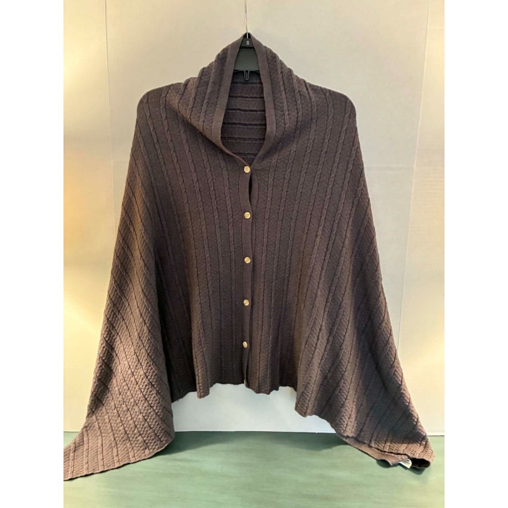 Puli Womens Ribbed Knit Poncho Cape Brown Snap Front Turtleneck Cozy‎ Wrap